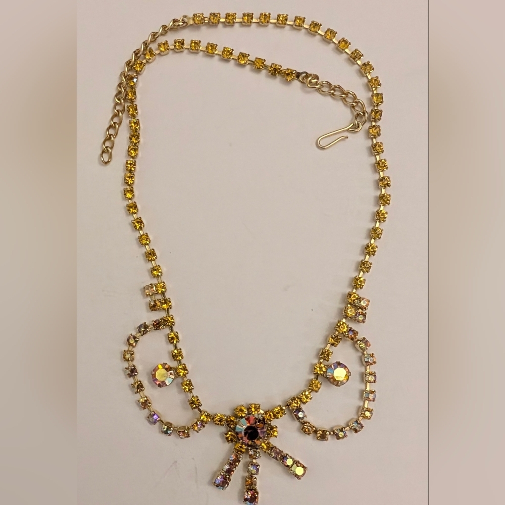 Exquisite Amber Aurora Borealis Rhinestone Necklace, Vintage Aurora Borealis